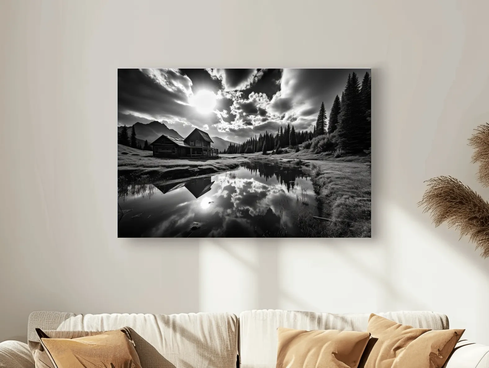 Moody Black And White Mountain Cabin Reflection - Dramatic Alpine Landscape Photography Wall Art