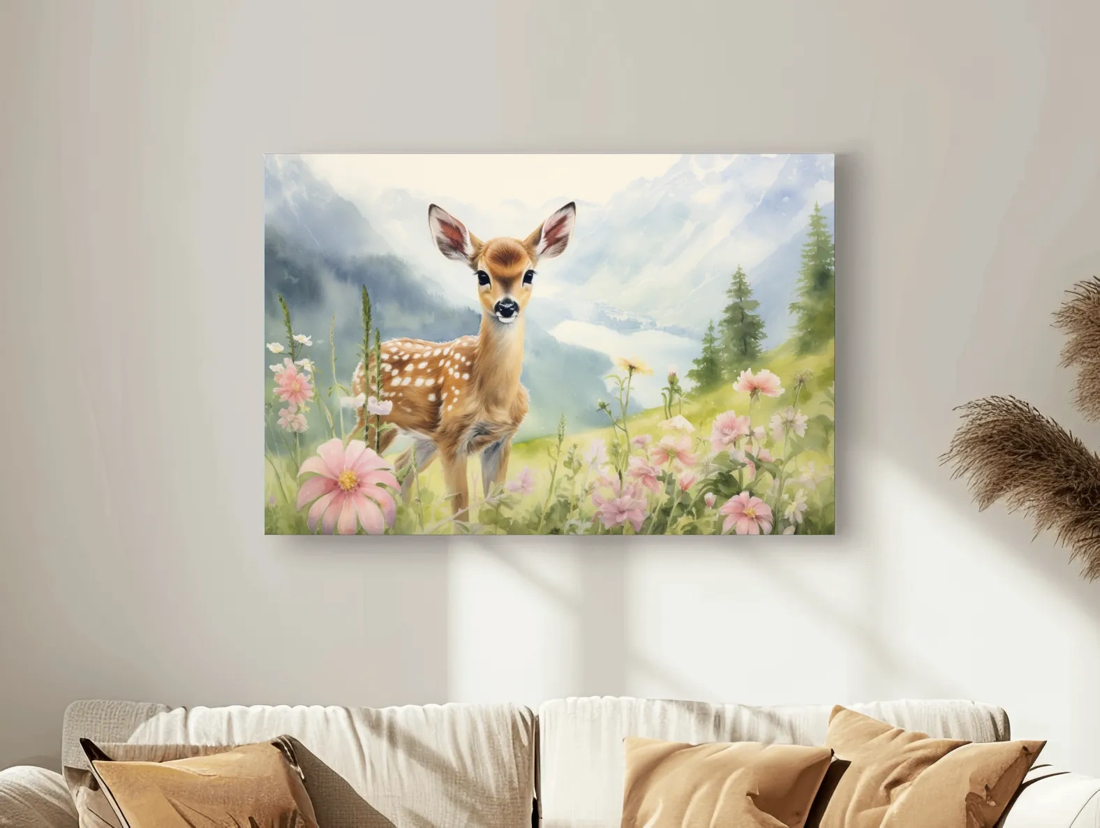 Painting of a deer fawn in the alpine meadows
