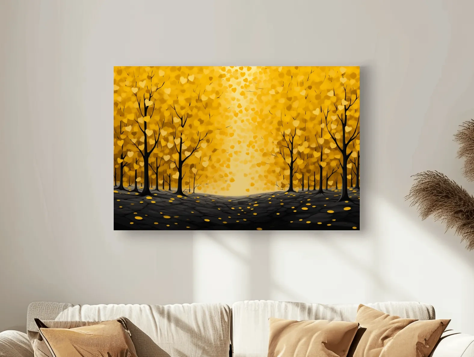 Golden Autumn Forest Canopy Painting - Warm Love Heart Wall Art
