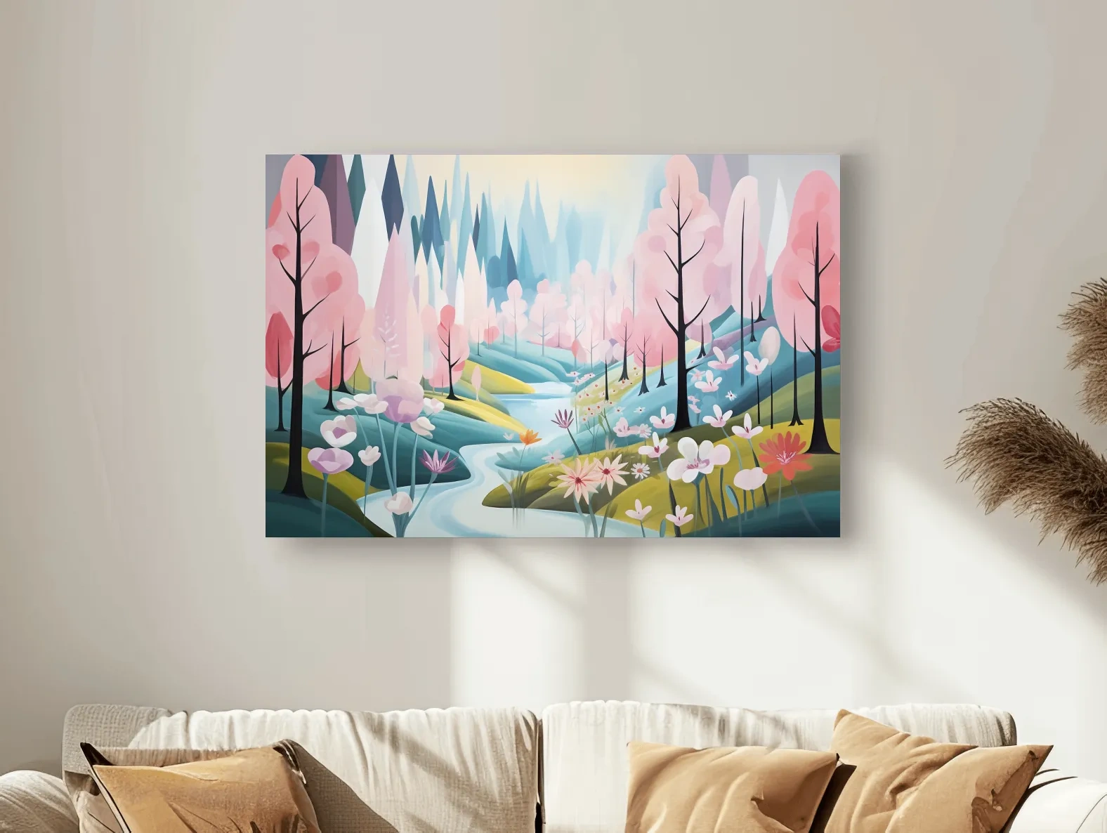 Dreamy Pastel Pink Blossom Forest - Whimsical Floral Landscape Wall Art