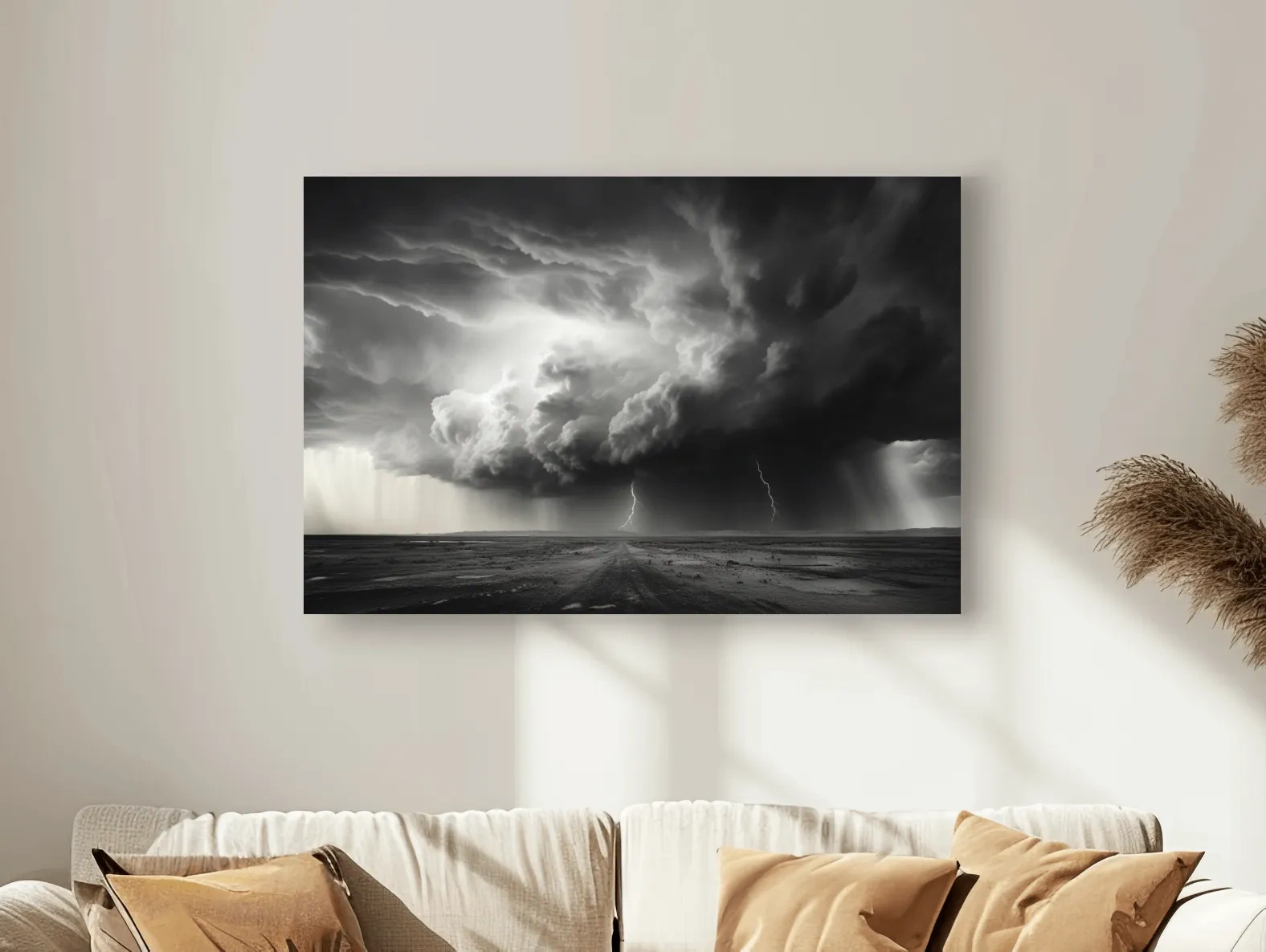 Moody Monochrome Thunderstorm Lightning Landscape - Dramatic Storm Cloud Wall Art