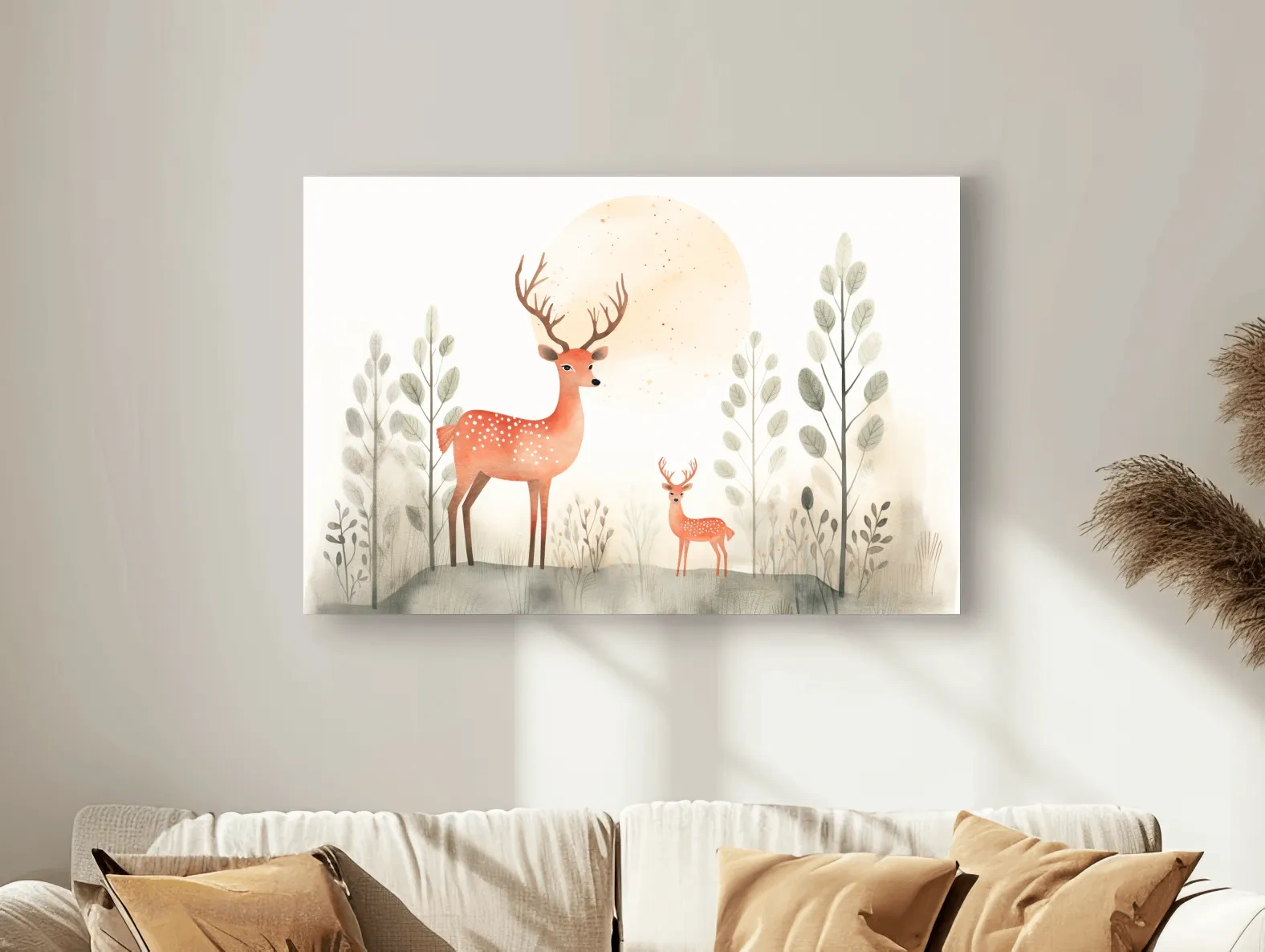 Whimsical Watercolor Deer Family Illustration - Scandinavian Nursery Forest Wall Art