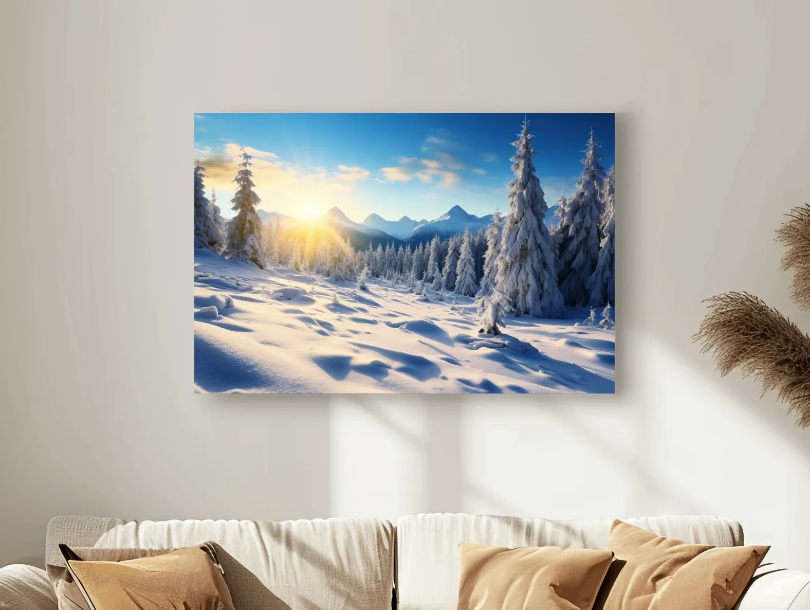 Snowy Sunrise Alpine Forest Landscape - Serene Photographic Nature Wall Art