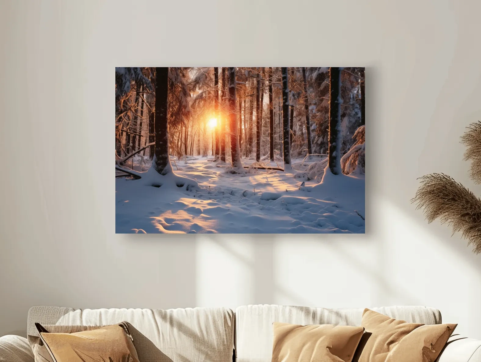 Golden Winter Sunrise Snowy Forest - Serene Nature Landscape Wall Art