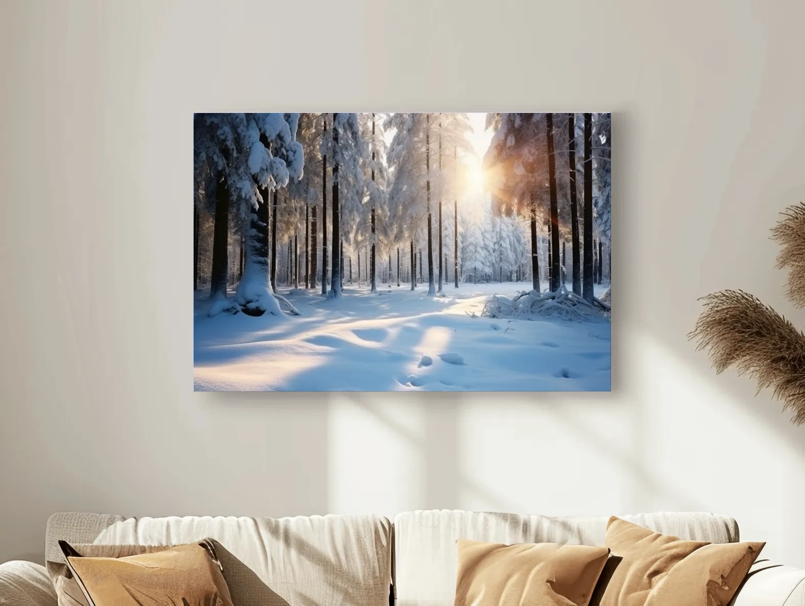 Sunlit Snowy Pine Forest Landscape - Serene Winter Nature Wall Art