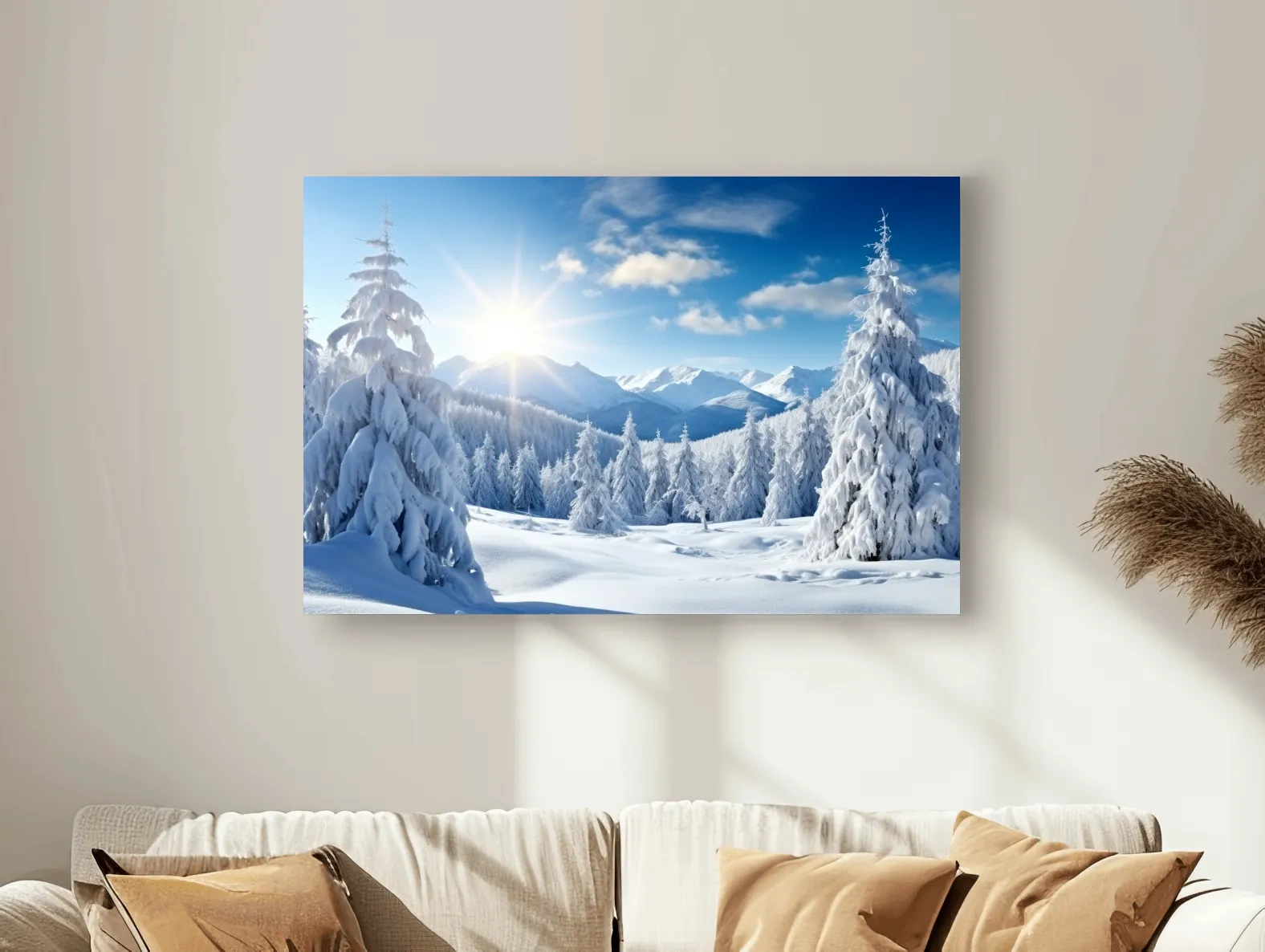 Sunlit Snowy Mountain Winter Landscape - Photographic Alpine Forest Wall Art