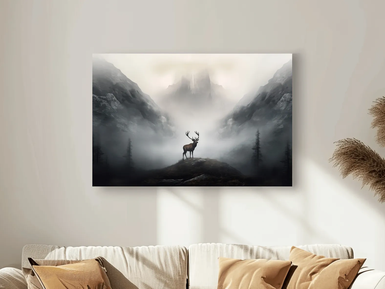 Moody Misty Mountain Stag Silhouette - Atmospheric Wildlife Landscape Art