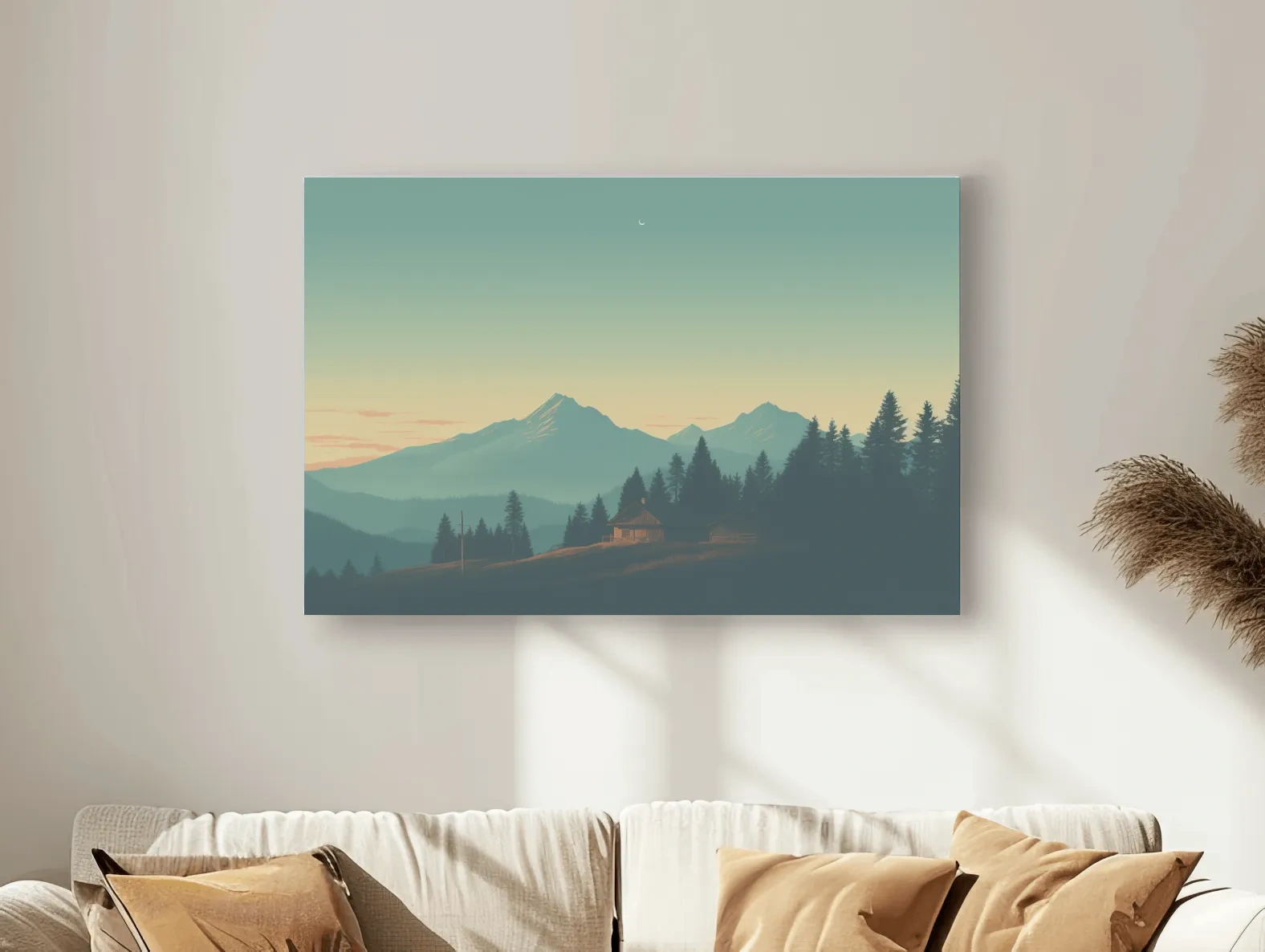 Hazy Alpine Cabin Mountain Sunset - Serene Vintage Landscape Wall Art