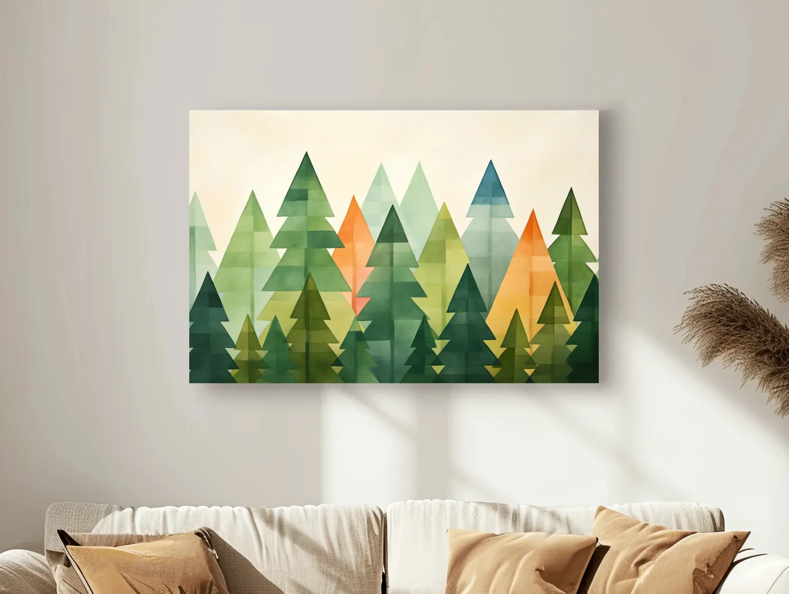 Geometric Watercolor Pine Forest Landscape - Modern Scandinavian Nature Wall Art