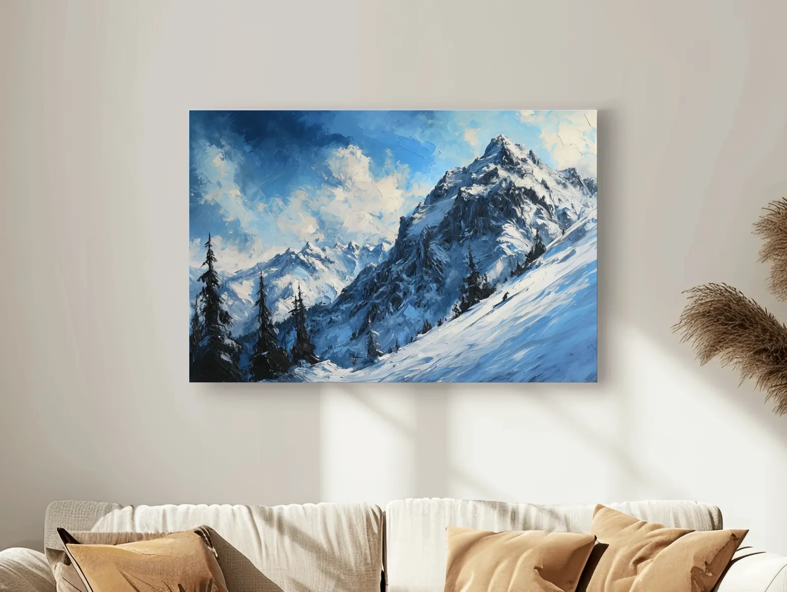 Textured Alpine Snowy Peak Oil Painting - Moody Mountain Landscape Wall Art