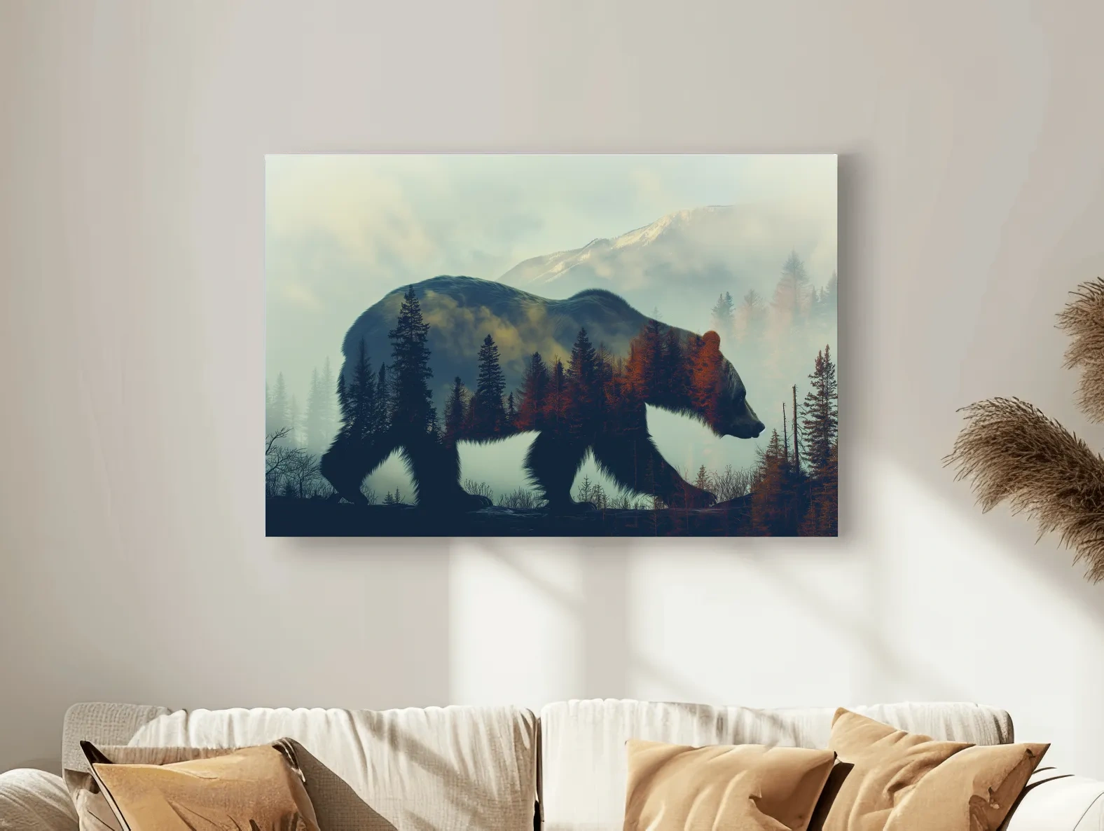 Moody Double Exposure Grizzly Bear Silhouette - Misty Pine Forest Mountain Wall Art