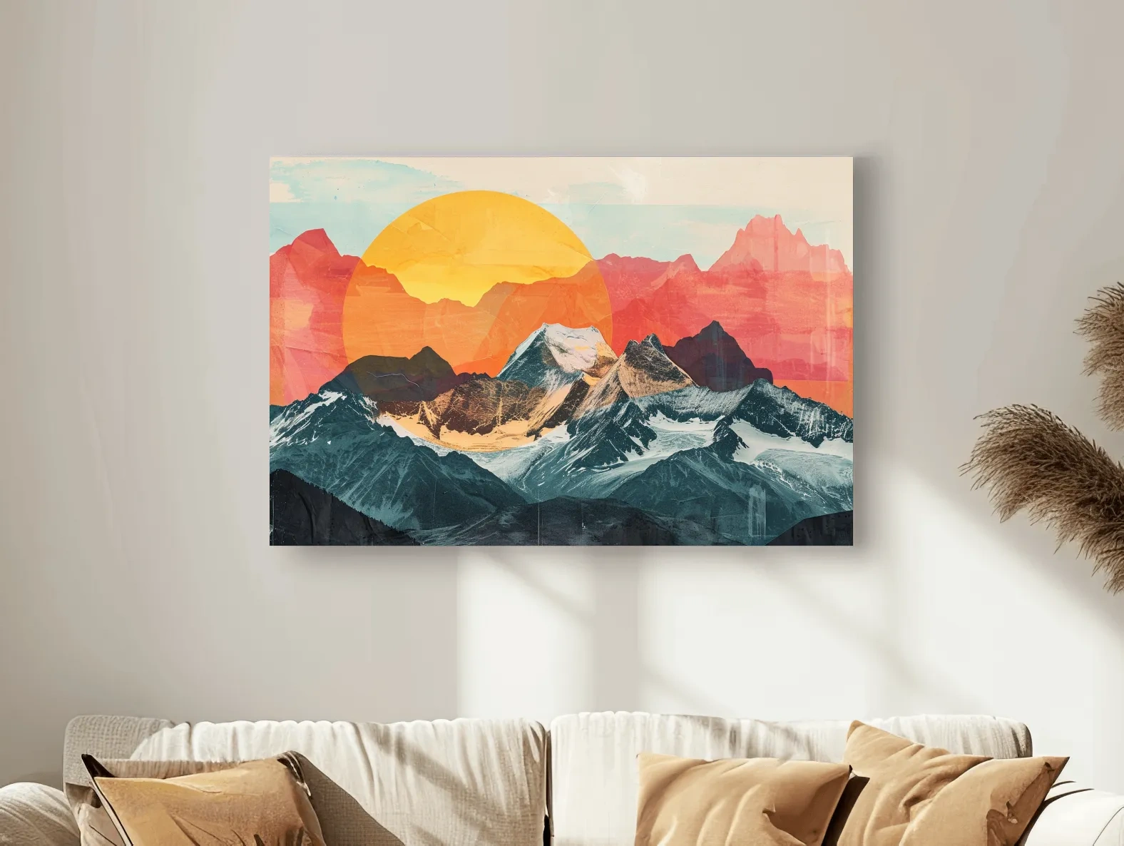 Abstract Alpine Mountains With Golden Sun - Modern Collage Landscape Artwork