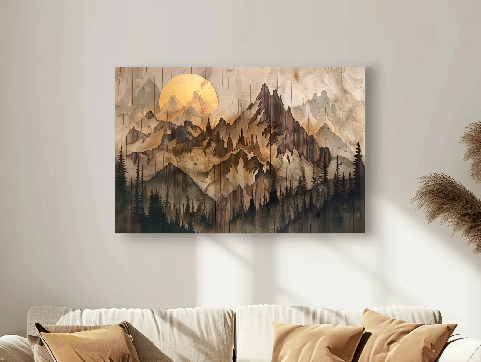 Rustic Sepia Mountain Sunrise Landscape - Vintage Wood Grain Watercolor Artwork
