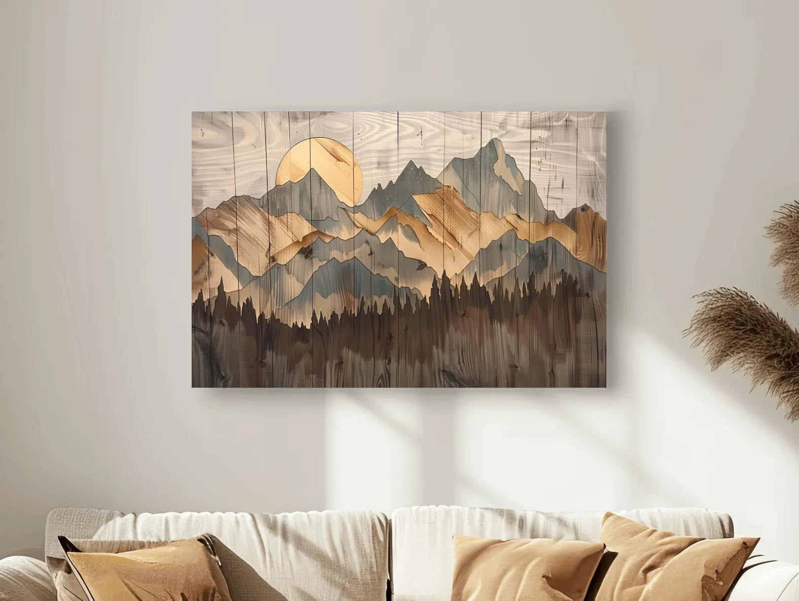 Rustic Mountain Range Sunrise - Woodgrain Style Forest Wall Art