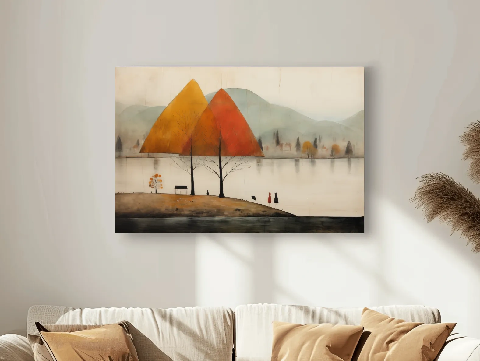 Autumn Mountains Over Misty Lakeside - Quirky Landscape Artwork