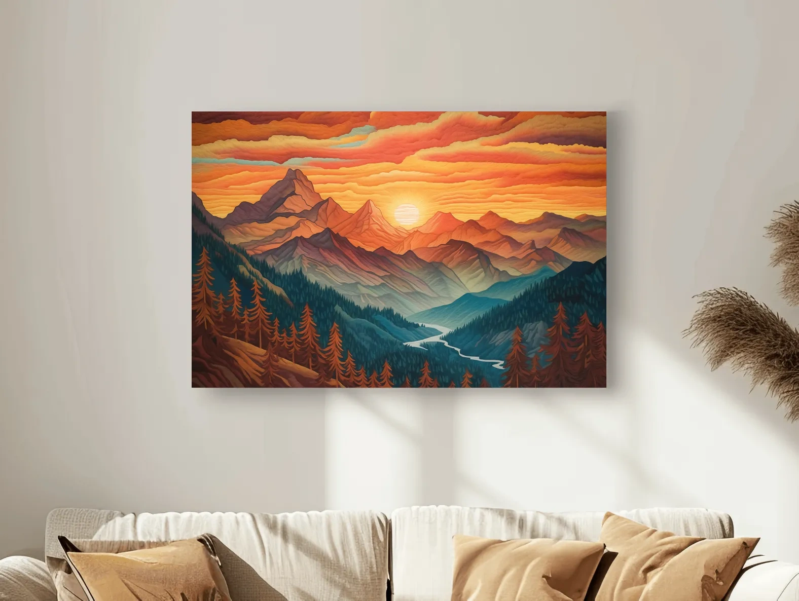 Vibrant Sunset Mountain Range Illustration - Layered Alpine Landscape Wall Art
