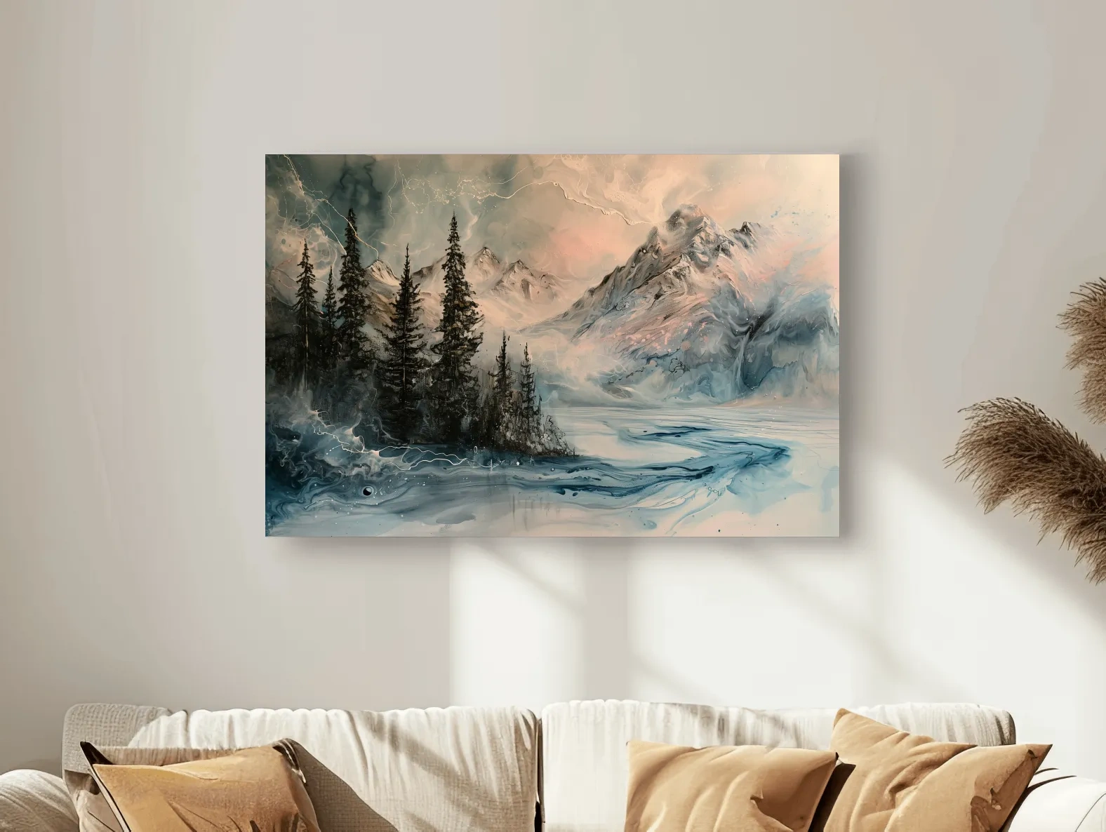 Ethereal Mountain Lake Alpine Forest - Moody Abstract Alcohol Ink Wall Art