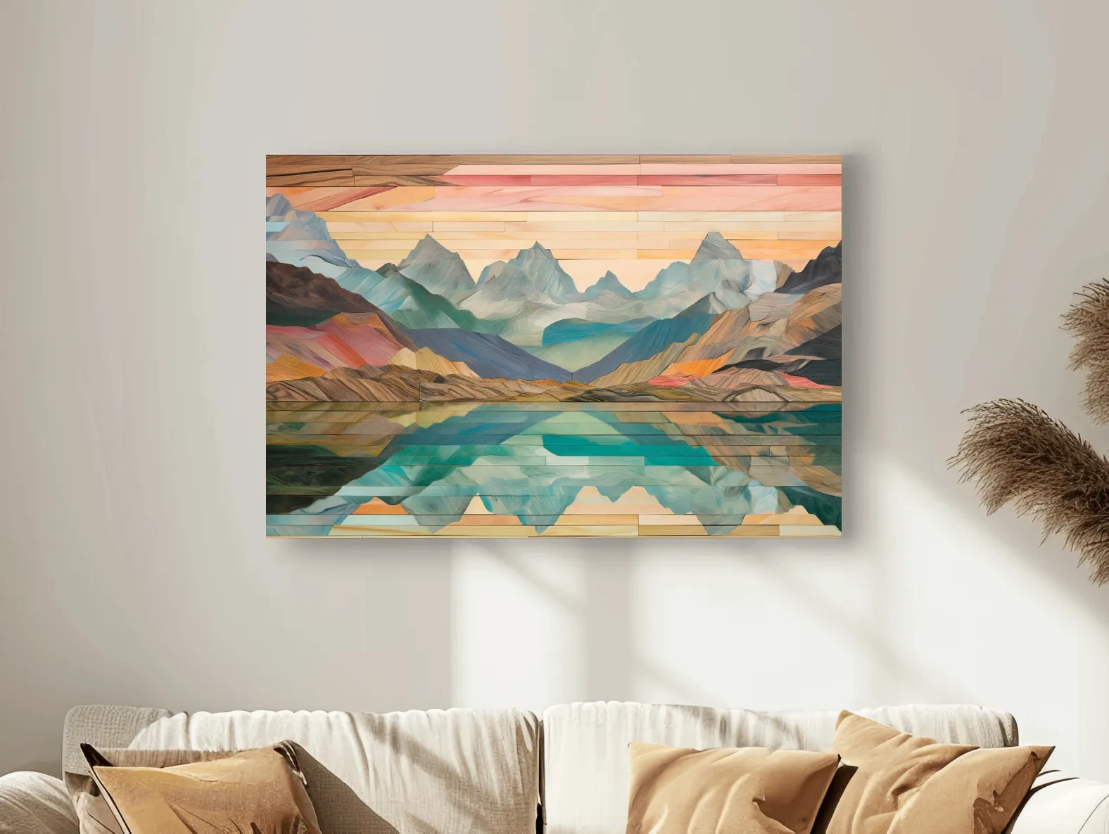 Alpine Lake Mountain Reflection - Layered Wooden Style Landscape Wall Art