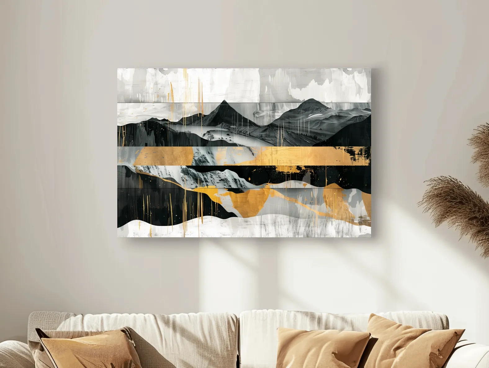 Abstract Monochrome Mountain Range With Gold Accents - Modern Mixed Media Landscape Wall Art