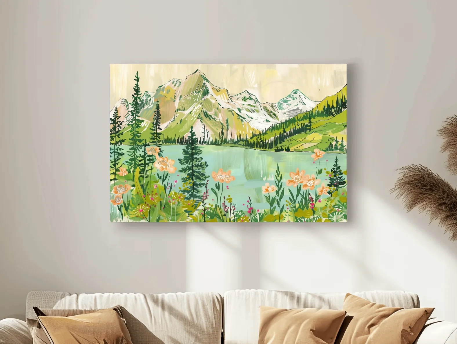 Whimsical Alpine Lake Wildflower Stylized Painting - Mountain Meadows Wall Art