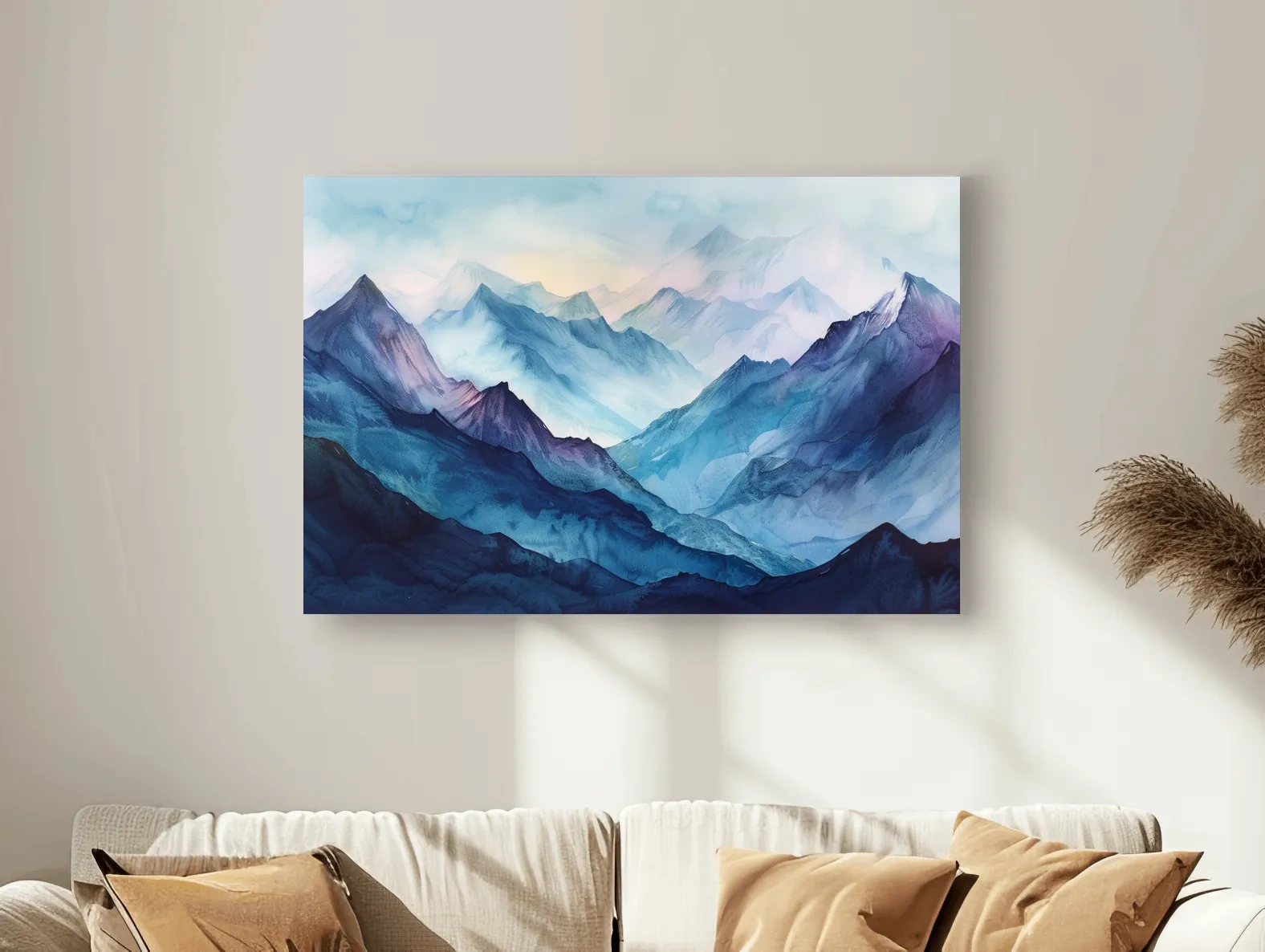 Misty Blue Watercolor Mountain Range Artwork - Serene Colourful Landscape Wall Art