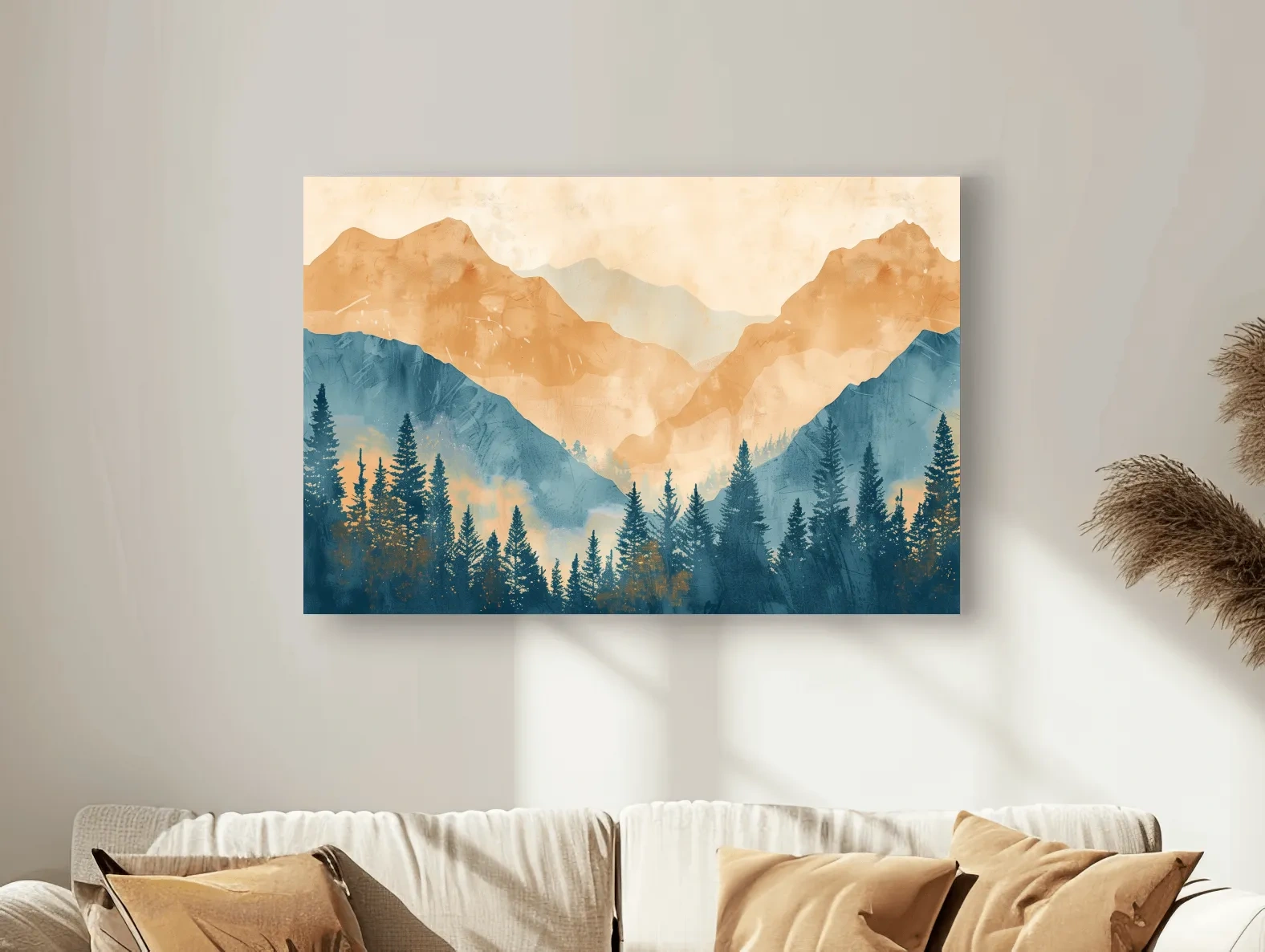 Watercolour painting, foggy treeline in the mountains, textured art style
