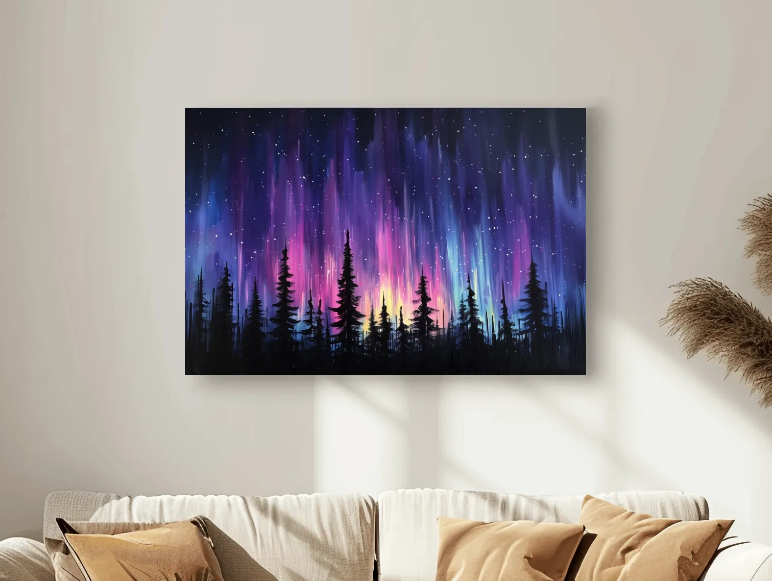 Vibrant Purple Northern Lights & Silhouetted Pine Forest - Aurora Borealis Painting Wall Art