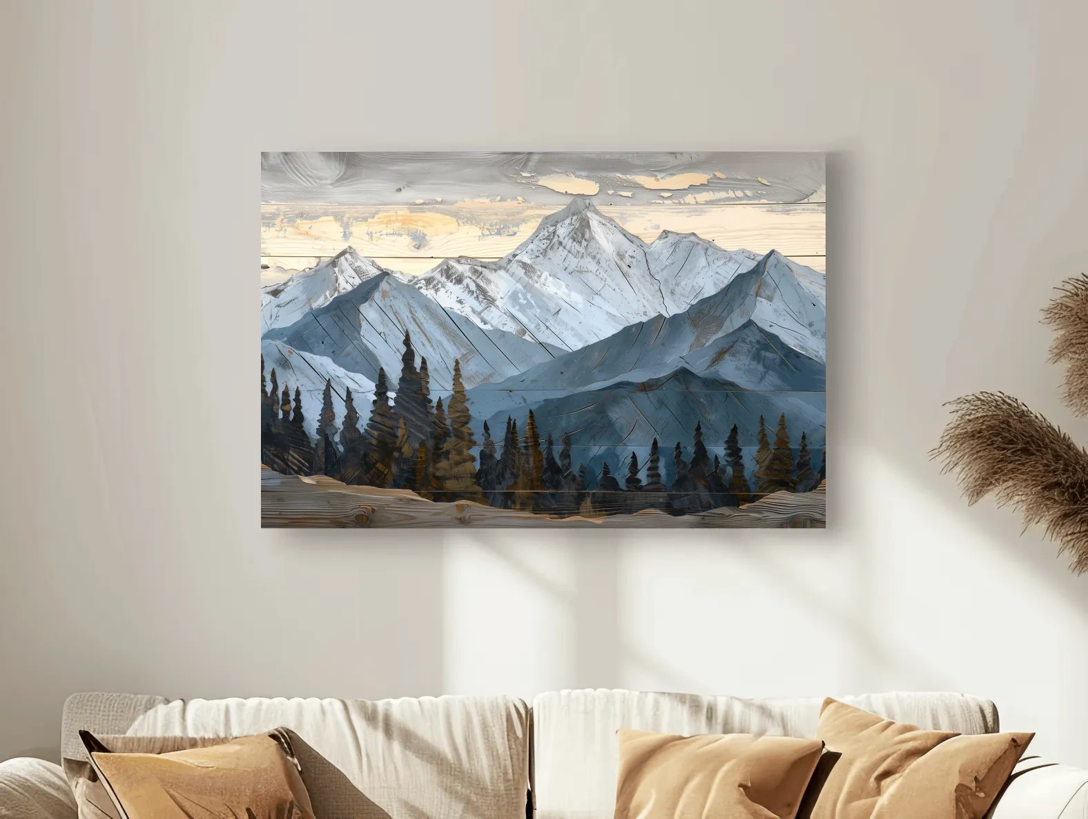 Alpine Forest Mountain Range Artwork - Rustic Woodgrain Landscape Wall Art