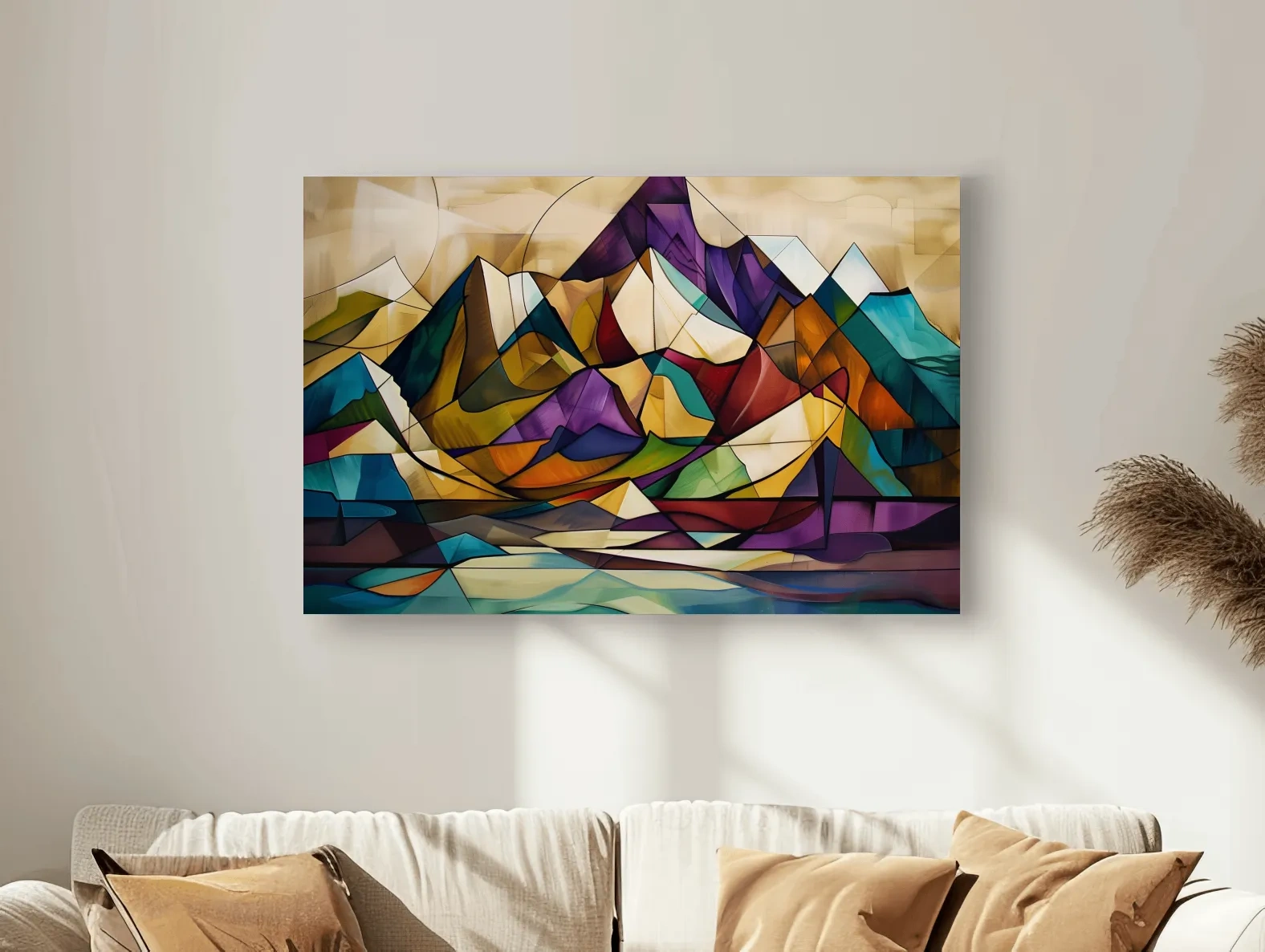 Vibrant Leadlight Style Mountain Range Painting - Abstract Colorful Stained Glass Wall Art
