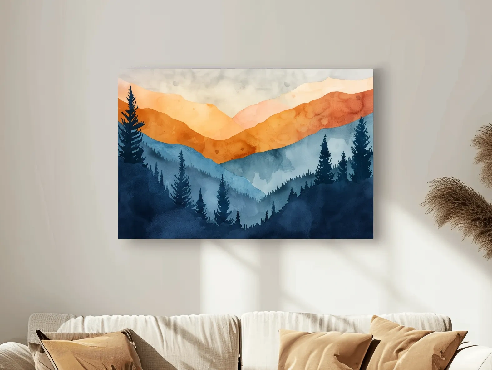 Moody Watercolor Mountain Range Silhouette - Pine Forest Painting Wall Art