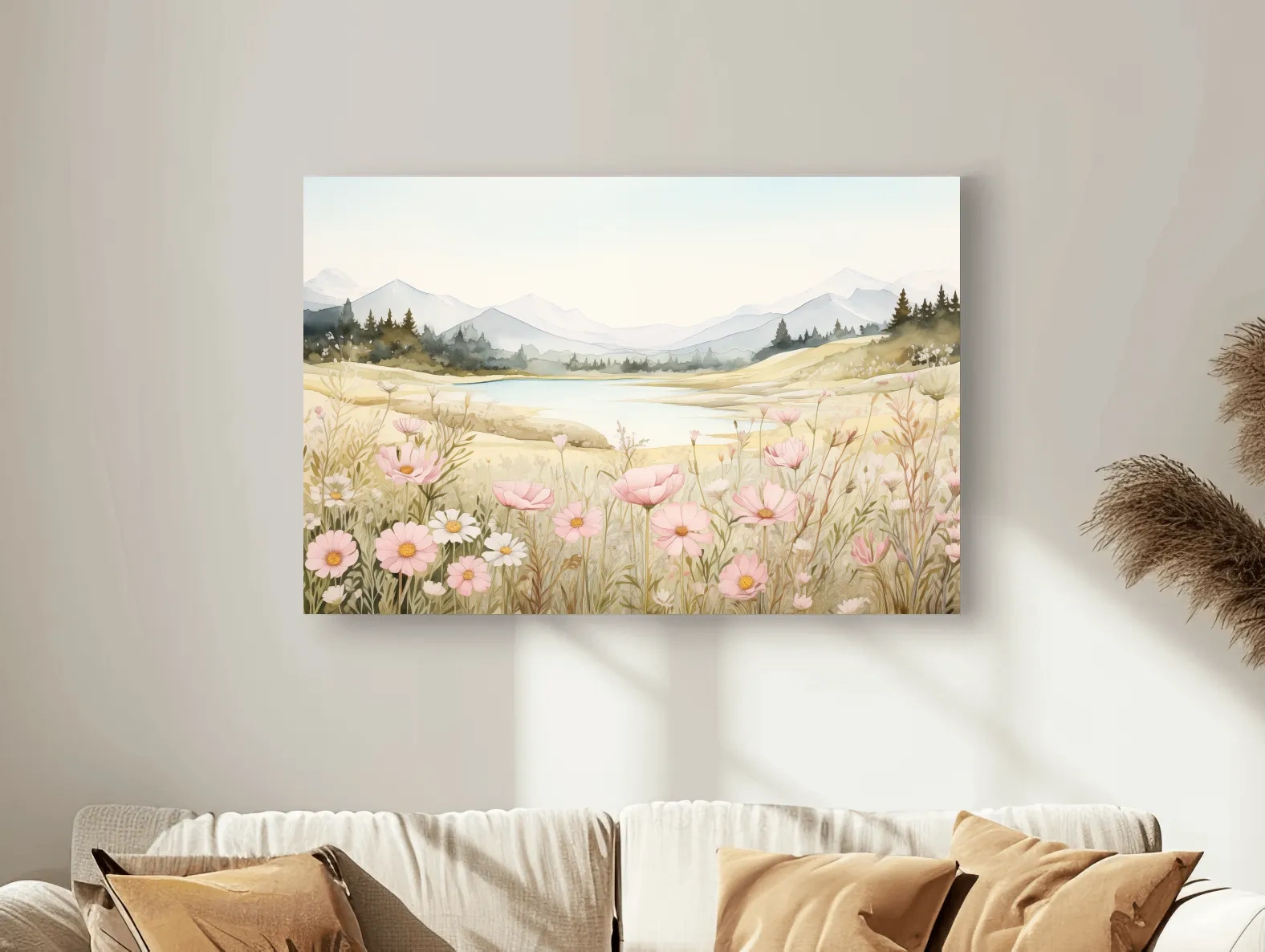 Soft Watercolor Wildflower Meadow Landscape - Serene Pastel Alpine Wall Art