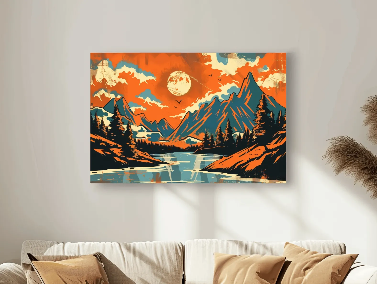 Vibrant Retro Mountain Lake Sunset Illustration - Bold Vector Landscape Wall Art