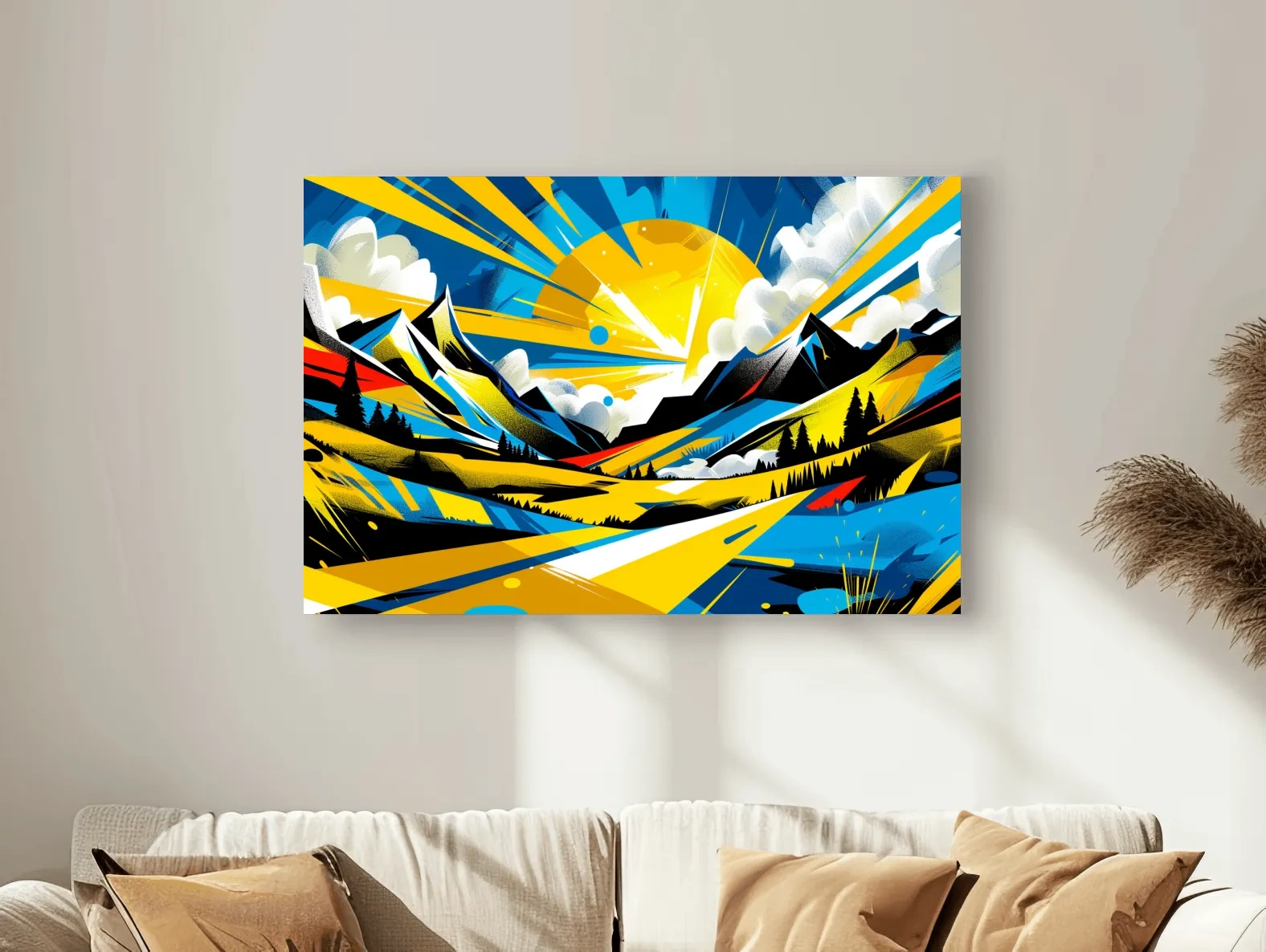 Vibrant Geometric Graffiti Mountain Sunset Landscape - Bold Pop Art Style Wall Art