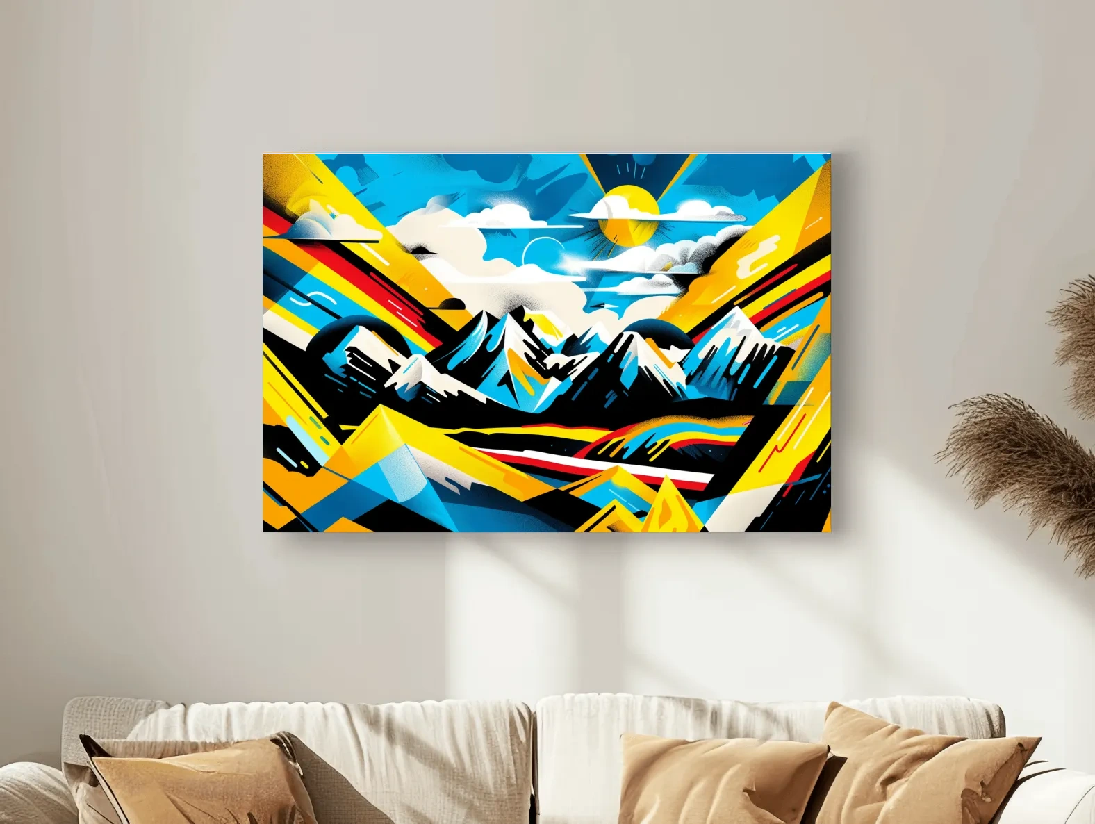 Vibrant Colorful Mountain Sunrise Illustration - Graffiti Style Landscape Wall Art