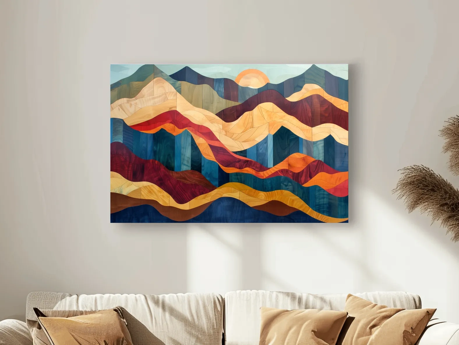 Layered Abstract Mountain Sunset Woodgrain - Mid Century Modern Wall Art