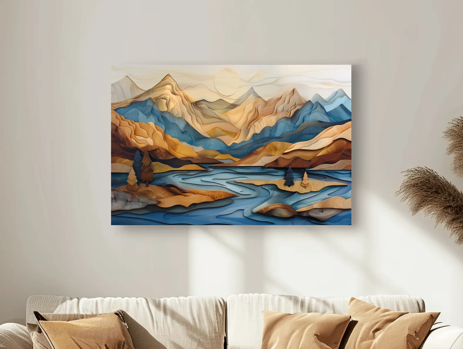 Wood Intarsia Style Alpine Mountain Lake Landscape - Modern Abstract Wall Art