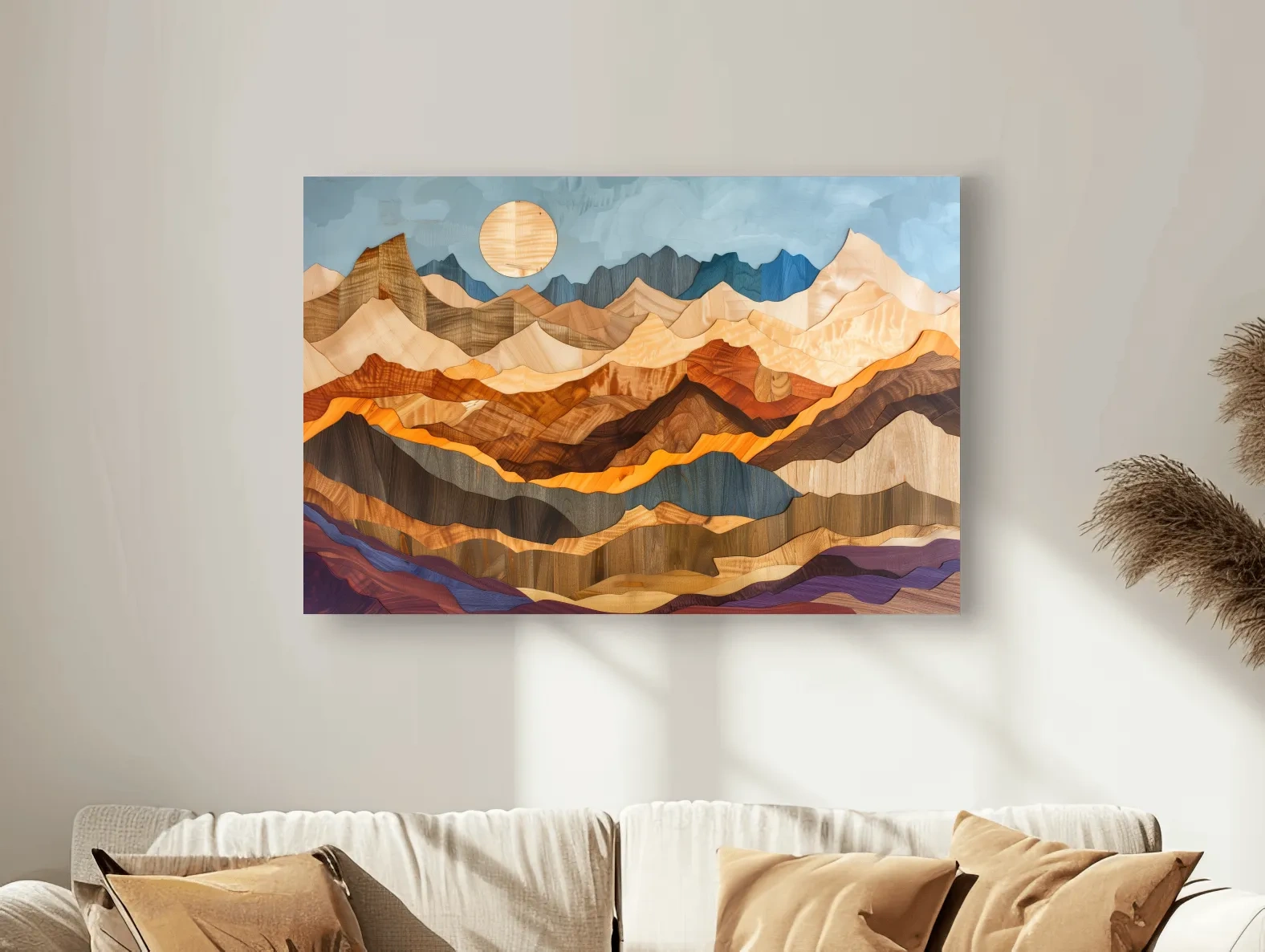 Layered Wooden Mountain Range - Intarsia Style Canvas Wall Art