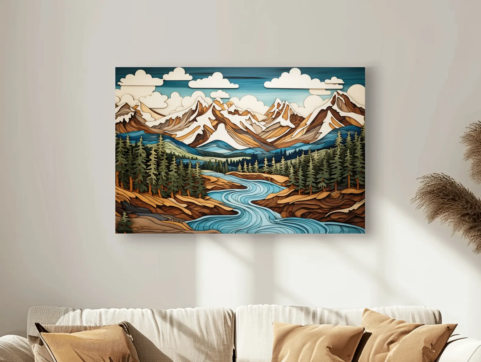 Intarsia Style Mountain River Landscape - Rustic Alpine Forest Artwork