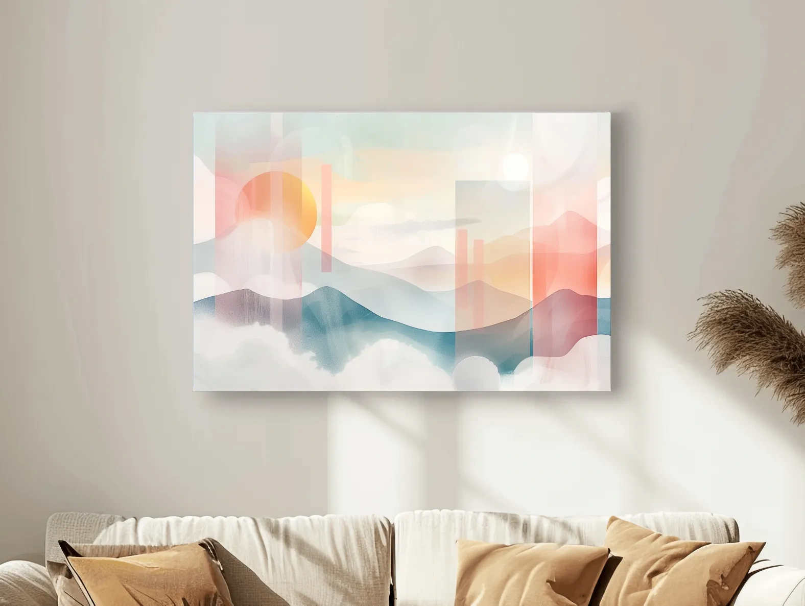 Abstract Pastel Mountain Sunrise Watercolor - Minimalist Geometric Wall Art