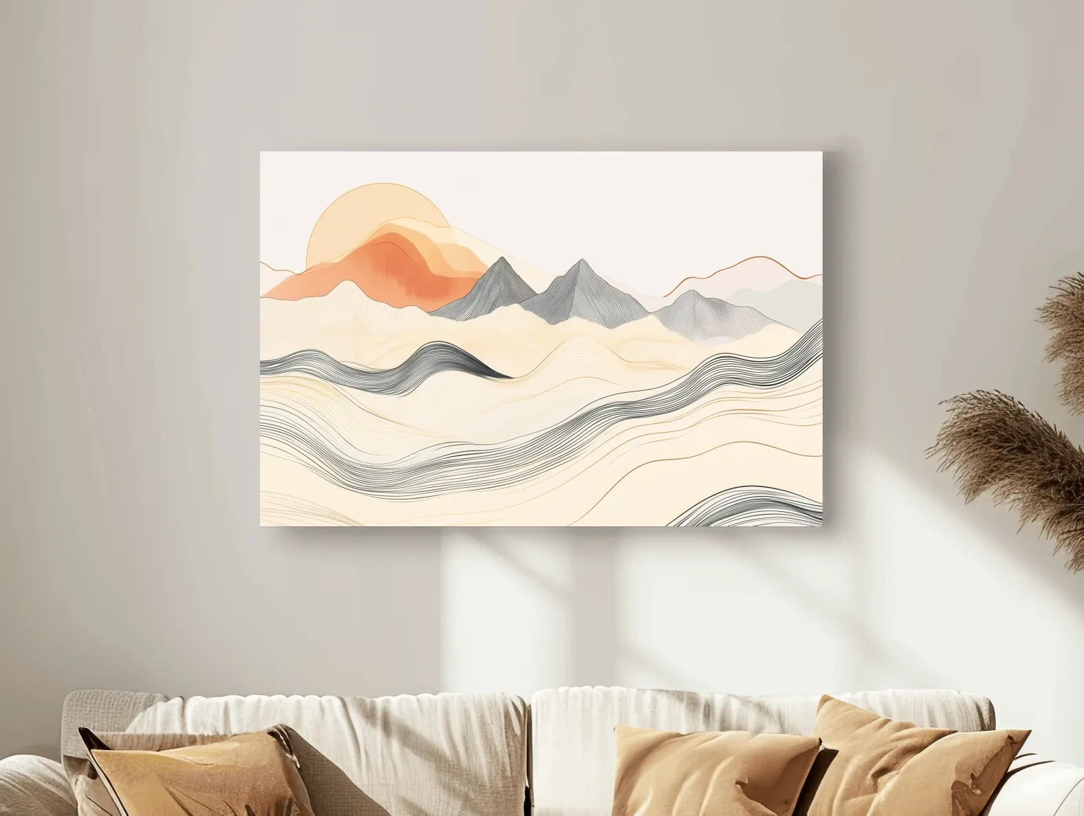 Minimalist Line Art Mountain Sunset - Abstract Landscape Wall Art