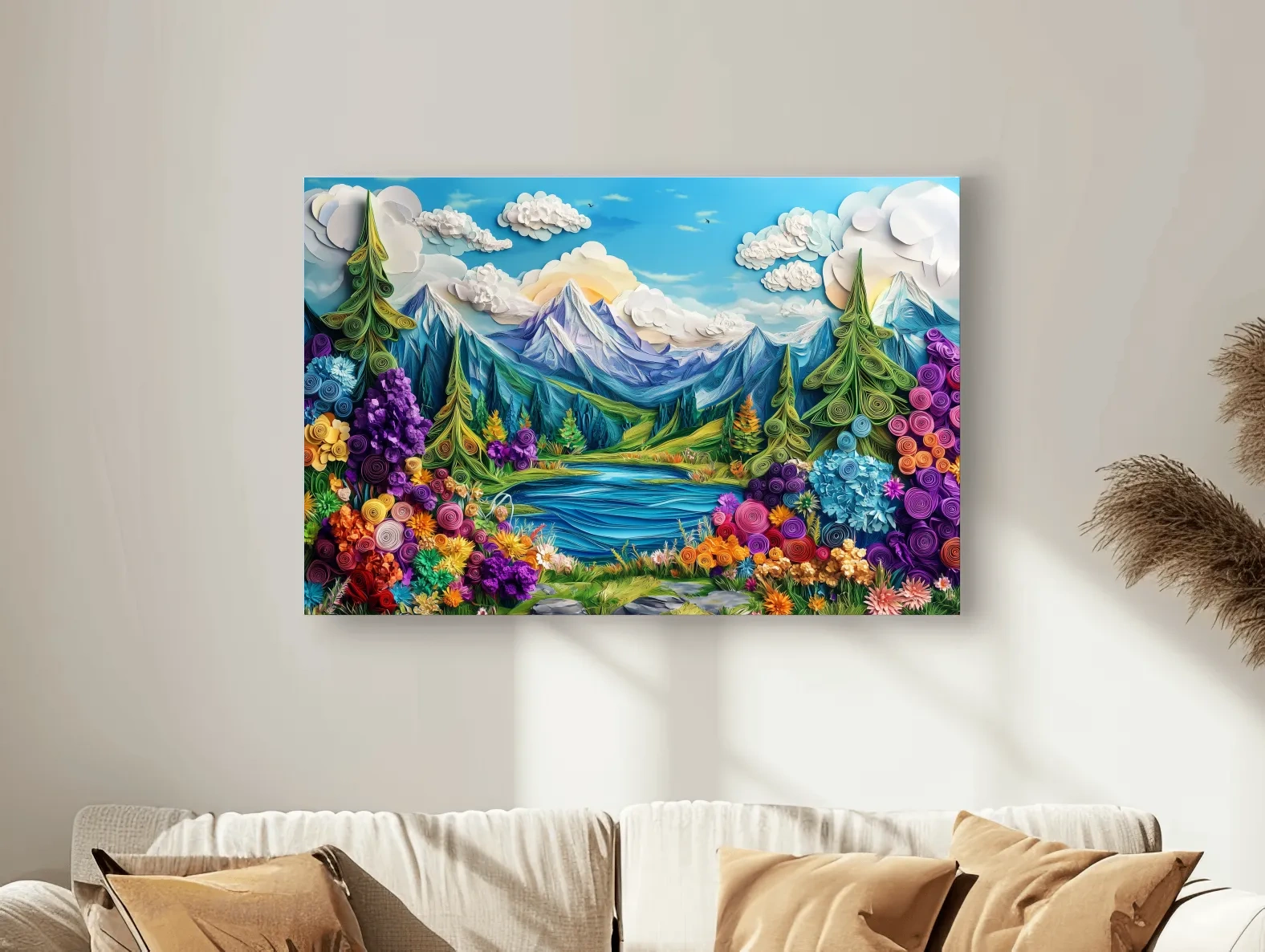 Colorful Paper Quilling Alpine Meadows Landscape - 3D Effect Nature Wall Art