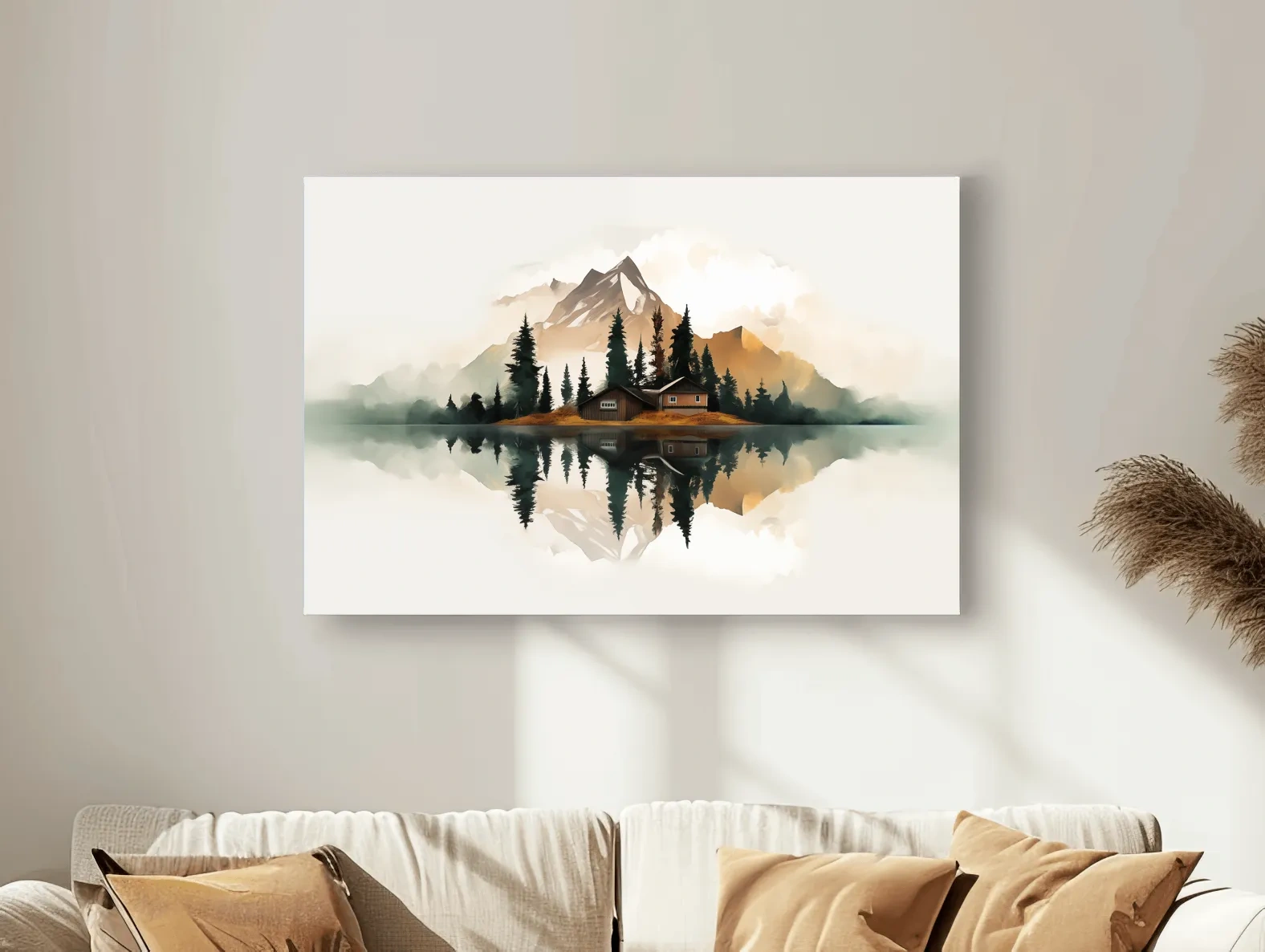 Minimalist Mountain Cabin Lake Reflection - Misty Watercolor Landscape Wall Art
