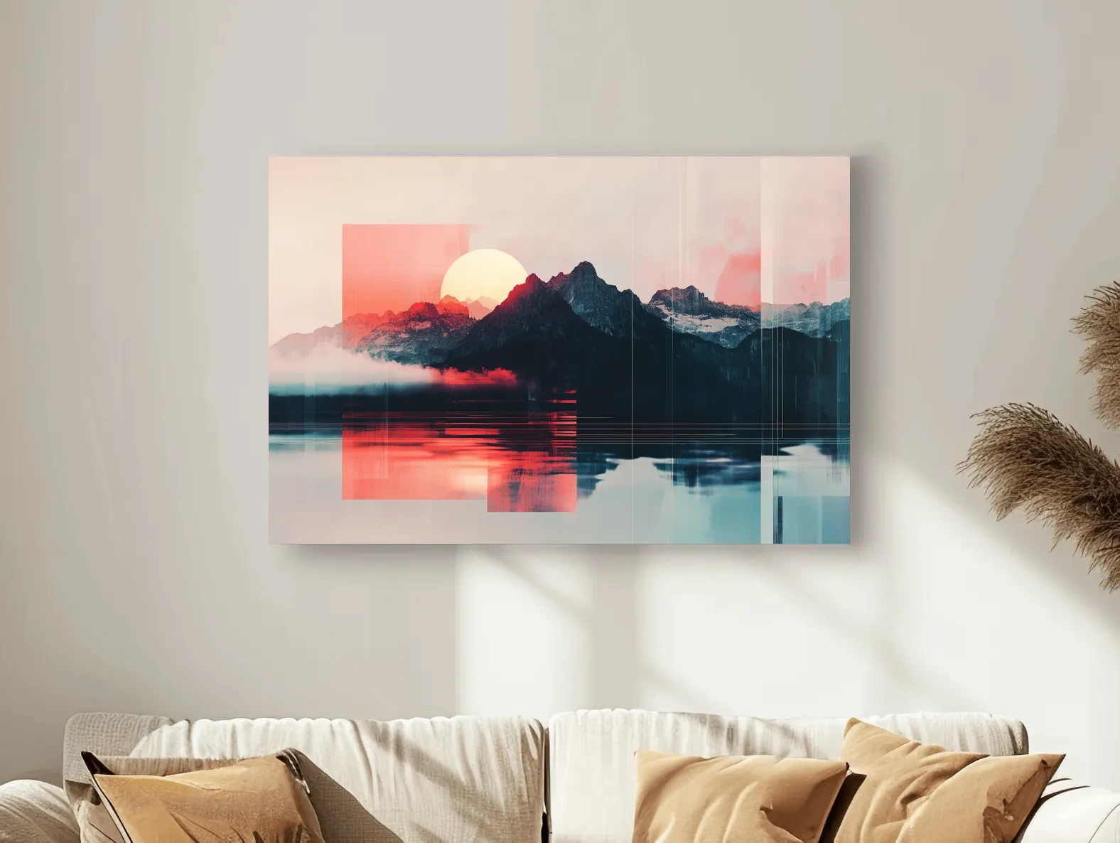 Abstract Alpine Mountain Sunset Reflection - Modern Geometric Glitch Wall Art