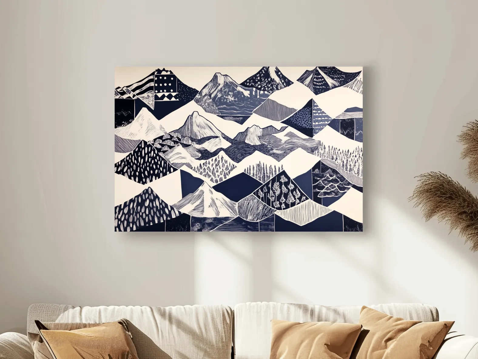 Linocut Patchwork Mountain Range Illustration - Modern Landscape Artwork