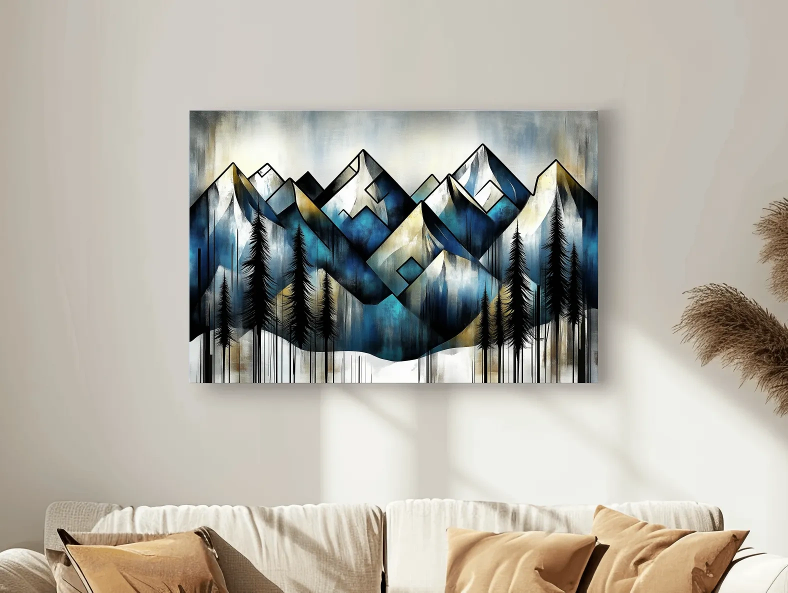 Geometric Mountain Peaks With Pine Trees - Modern Abstract Landscape Artwork