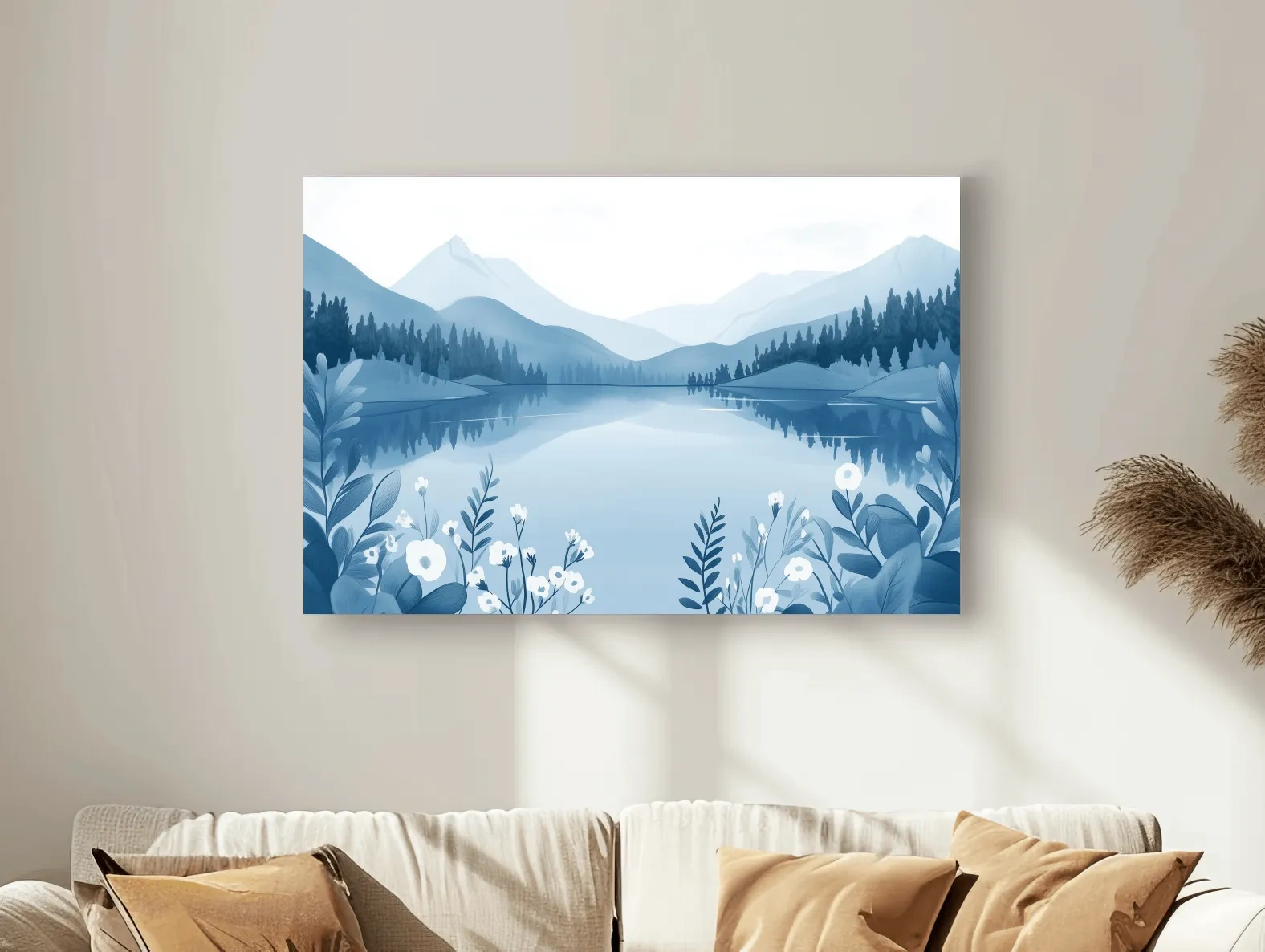Serene Mountain Lake Illustration - Minimalist Alpine Landscape Wall Art