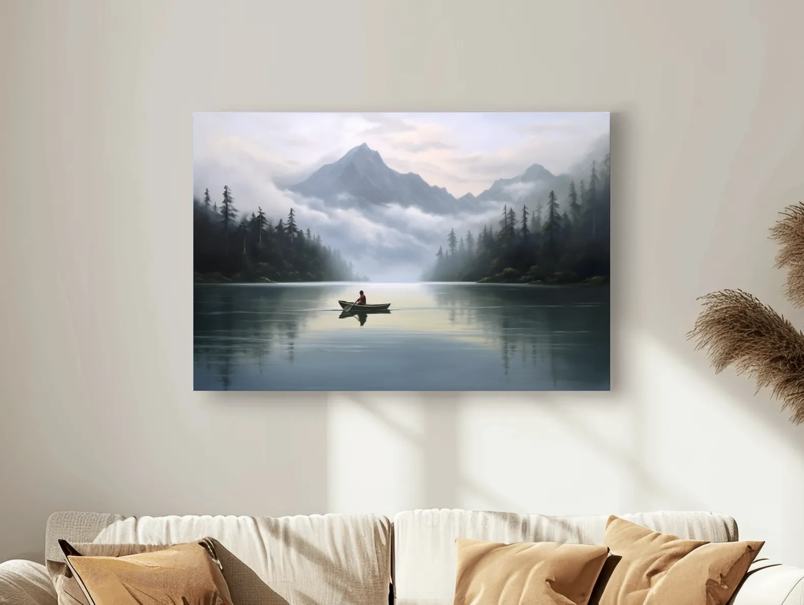 Misty Mountain Alpine Lake Canoe Scene - Serene Landscape Wall Art
