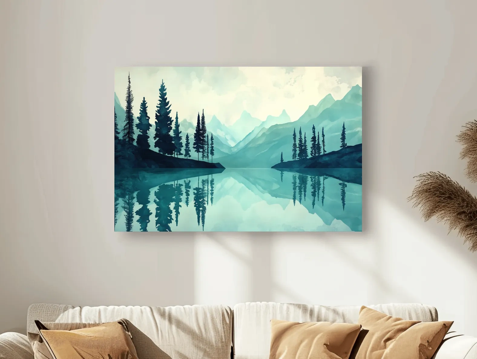 Treelined Alpine Lake Reflection - Watercolor Forest Wall Art