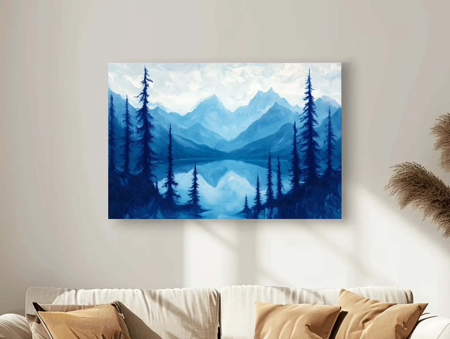 Oil painting artwork, view over an alpine lake in the mountains