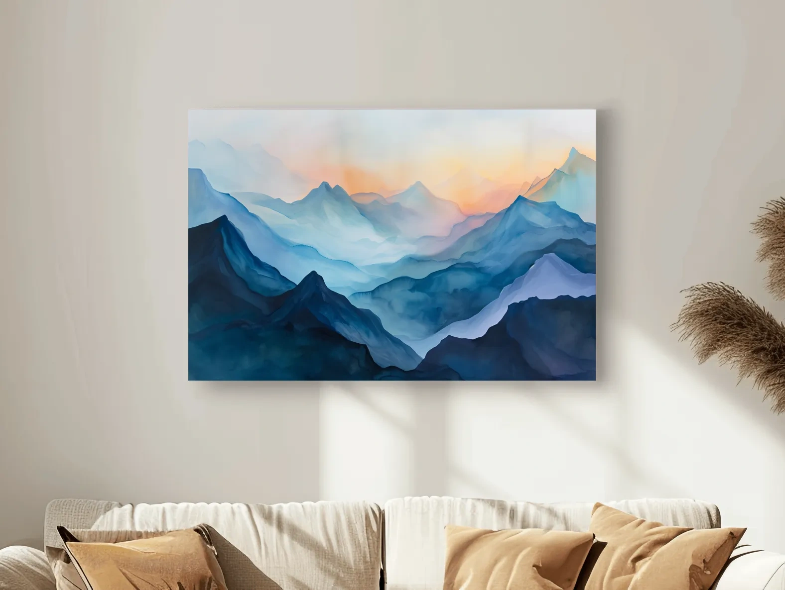 Misty Sunrise Watercolor Mountain Range - Serene Abstract Landscape Wall Art